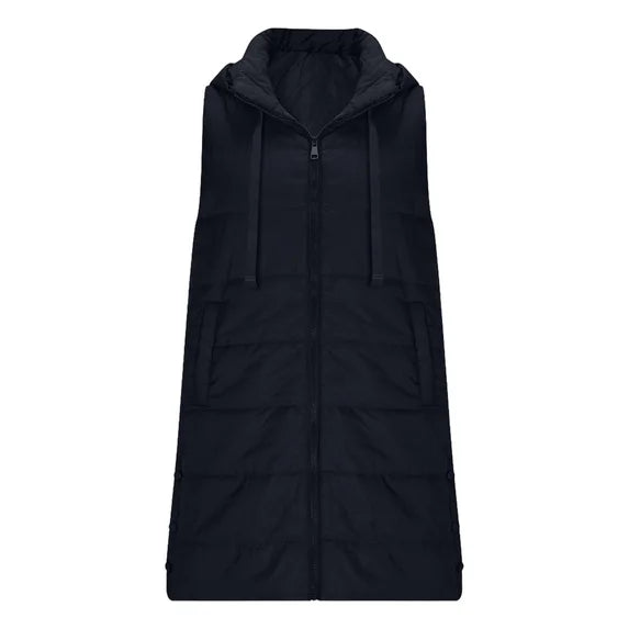 Women Long Puffer Vest Solid Color Sleeveless Hooded Winter Outwear