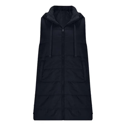 Women Long Puffer Vest Solid Color Sleeveless Hooded Winter Outwear