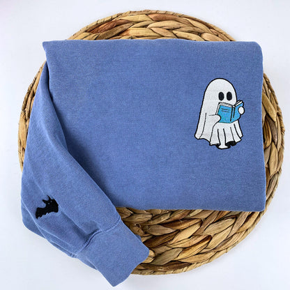 Embroidered Halloween Ghost Book Lover T-Shirt or Sweatshirt