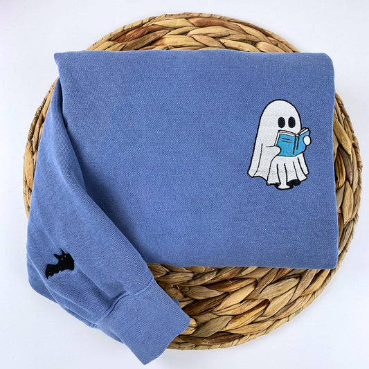 Embroidered Halloween Ghost Book Lover T-Shirt or Sweatshirt