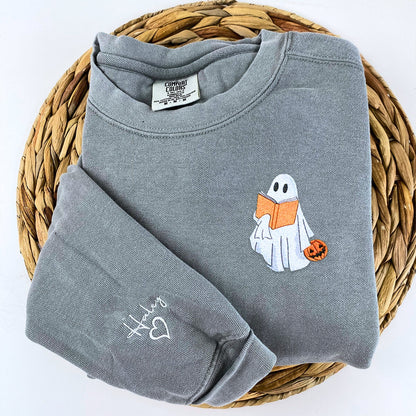 Embroidered Halloween Ghost Book Lover T-Shirt or Sweatshirt