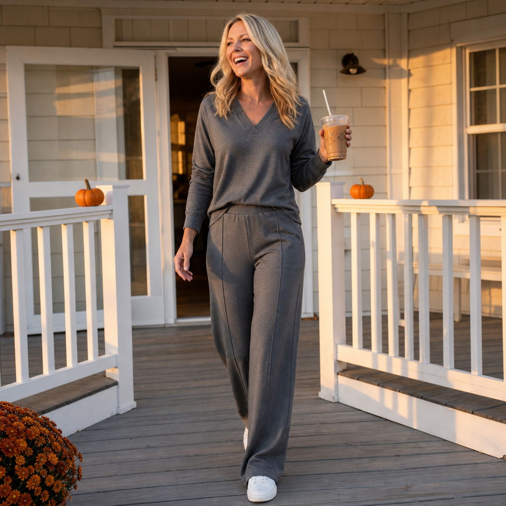 V-Neck Knit Top And Wide-Leg Pants Set