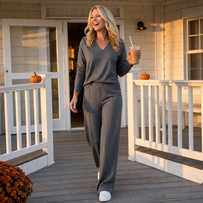 V-Neck Knit Top And Wide-Leg Pants Set