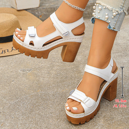 Women’s Velora Stitch Detail Platform Block Heel Sandals – Lightweight Velcro Strap Chic Slides (US 4–10.5)