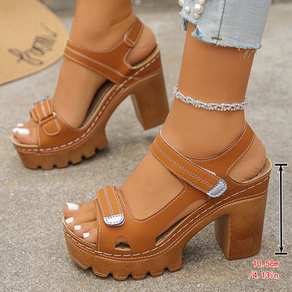 Women’s Velora Stitch Detail Platform Block Heel Sandals – Lightweight Velcro Strap Chic Slides (US 4–10.5)
