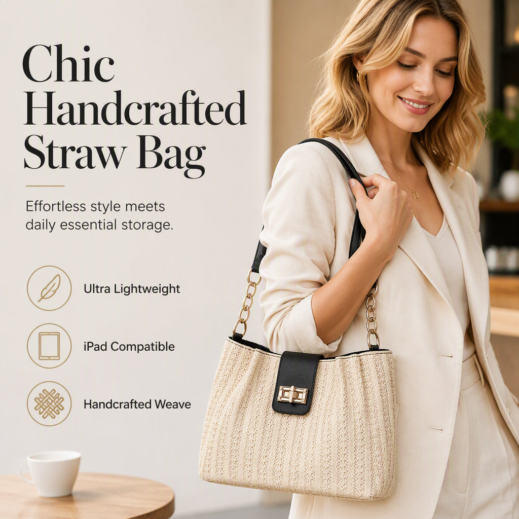 👜🌾Women’s Woven Straw Shoulder Bag with Faux Leather Trim