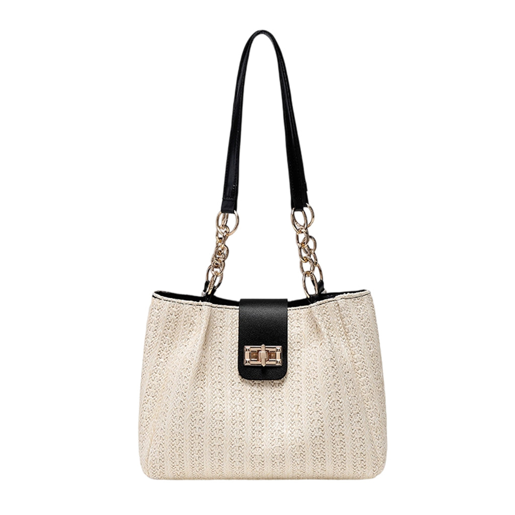 👜🌾Women’s Woven Straw Shoulder Bag with Faux Leather Trim