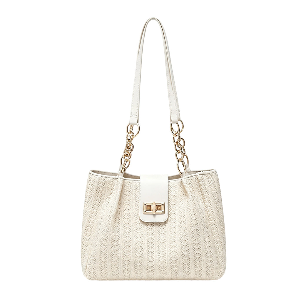 👜🌾Women’s Woven Straw Shoulder Bag with Faux Leather Trim