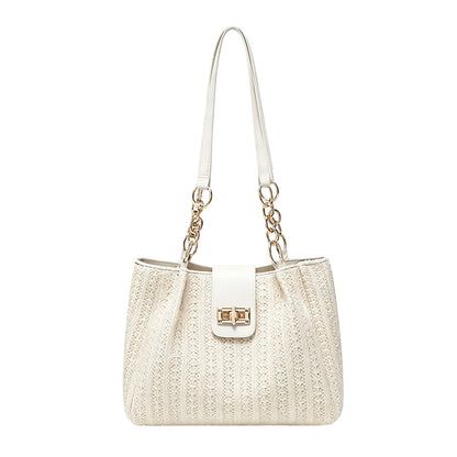 👜🌾Women’s Woven Straw Shoulder Bag with Faux Leather Trim