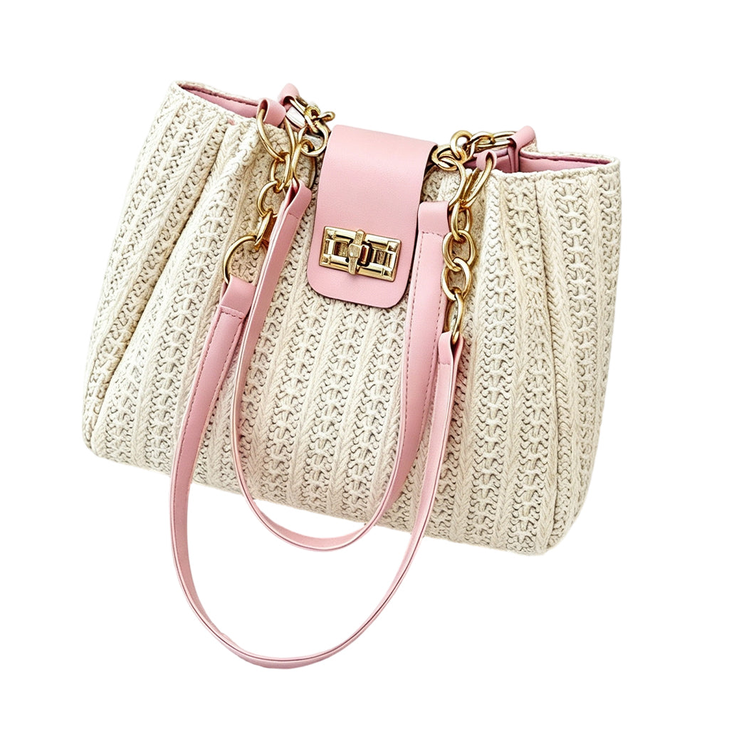 👜🌾Women’s Woven Straw Shoulder Bag with Faux Leather Trim