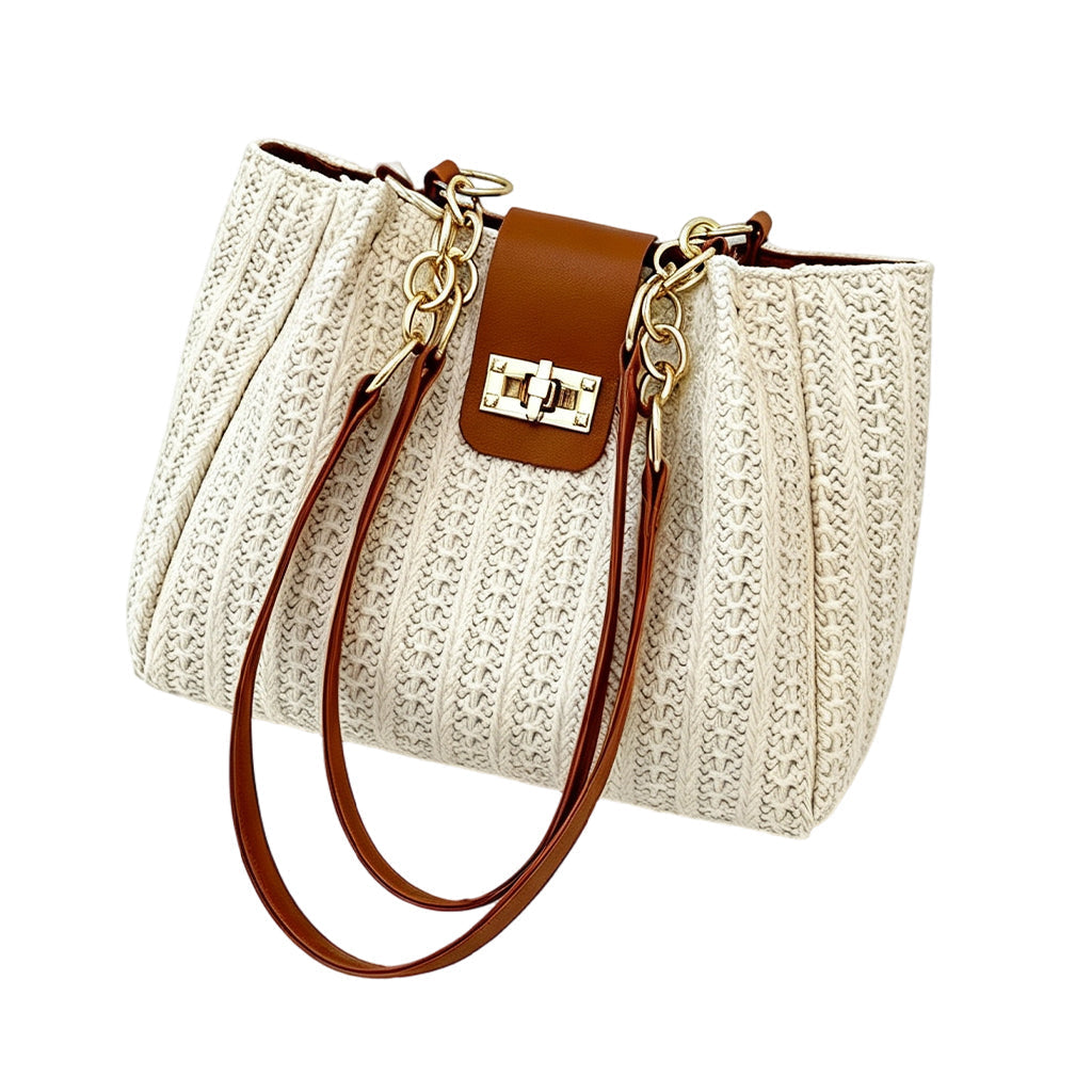 👜🌾Women’s Woven Straw Shoulder Bag with Faux Leather Trim
