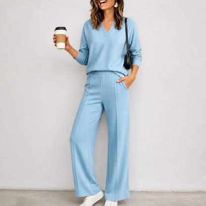 V-Neck Knit Top And Wide-Leg Pants Set