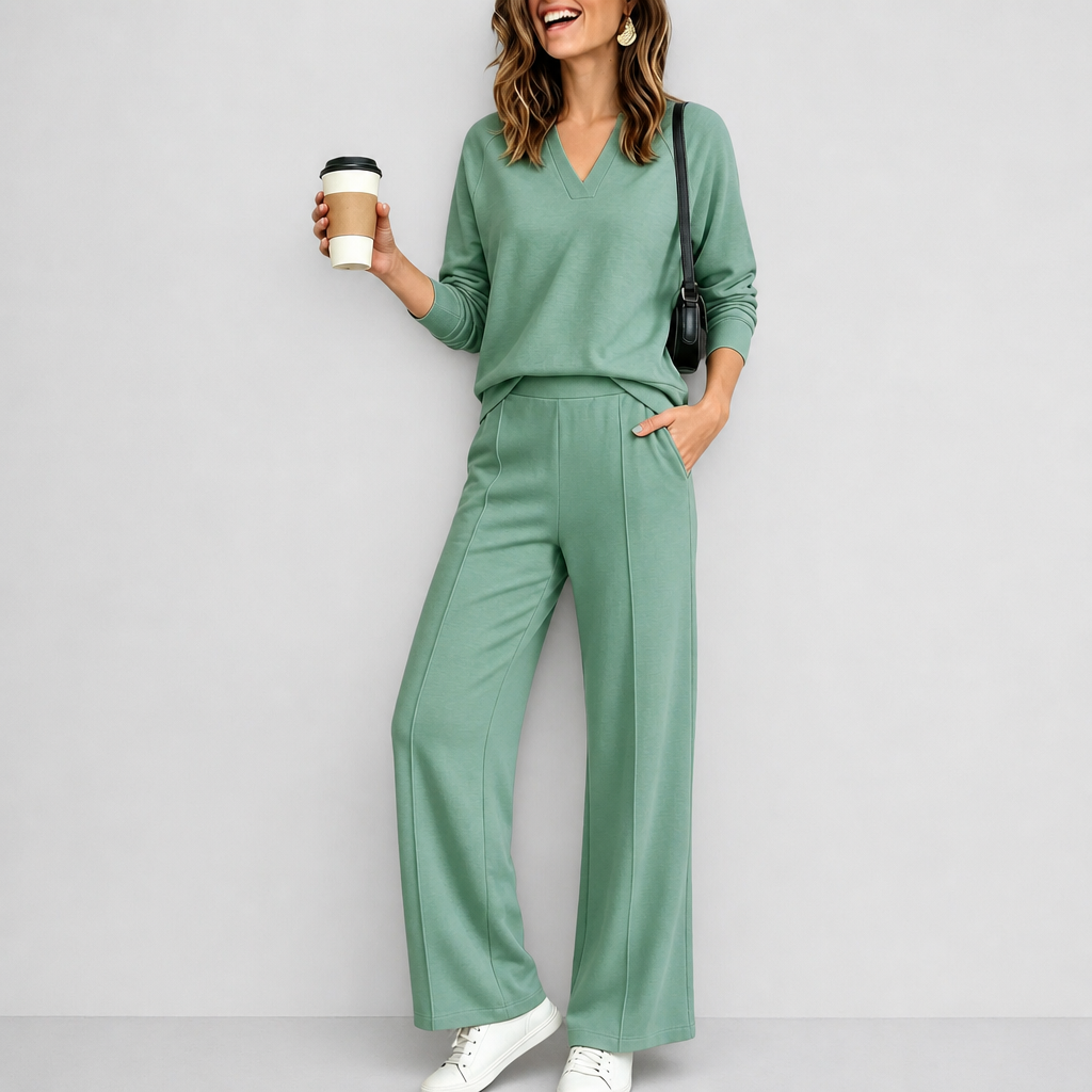 V-Neck Knit Top And Wide-Leg Pants Set