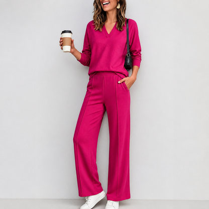 V-Neck Knit Top And Wide-Leg Pants Set