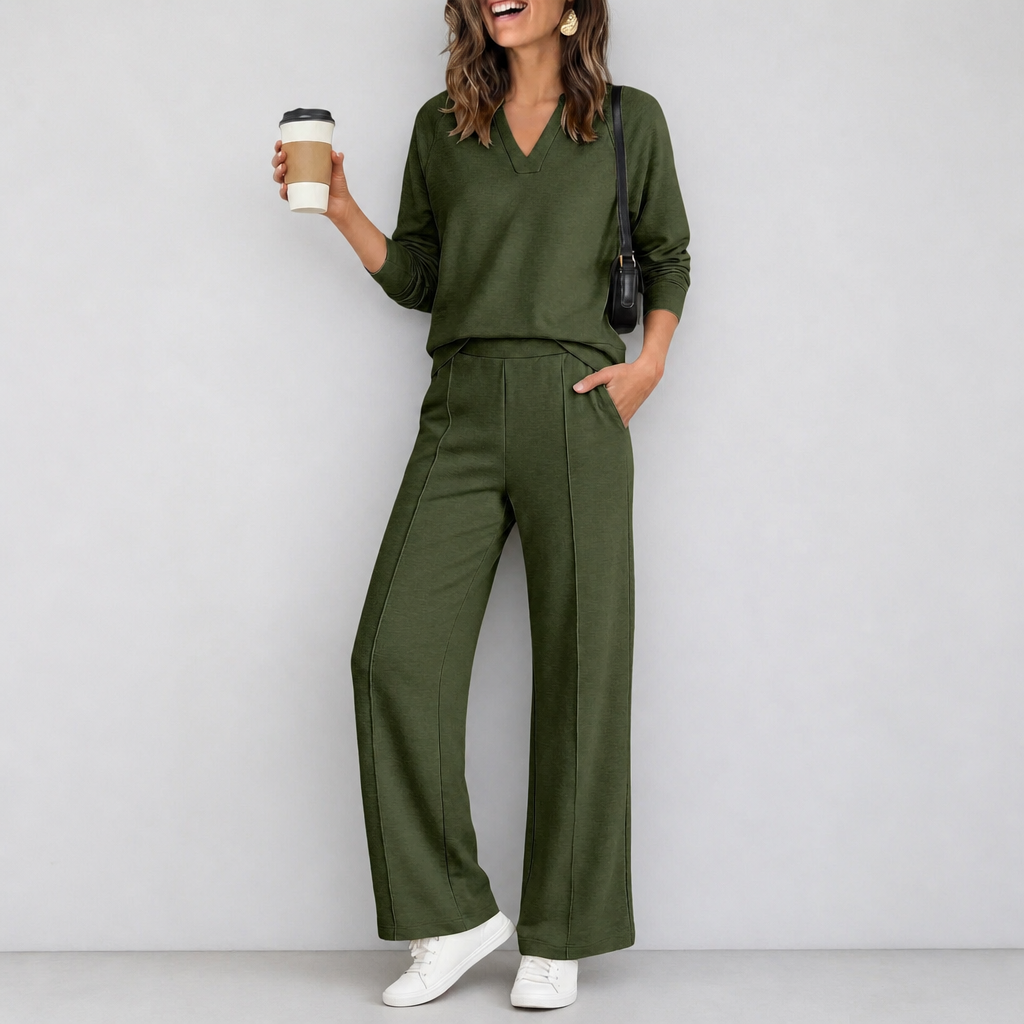 V-Neck Knit Top And Wide-Leg Pants Set
