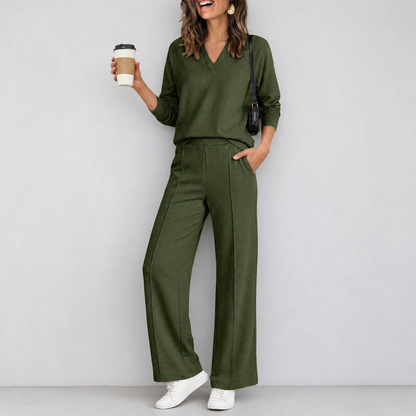 V-Neck Knit Top And Wide-Leg Pants Set