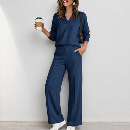 V-Neck Knit Top And Wide-Leg Pants Set