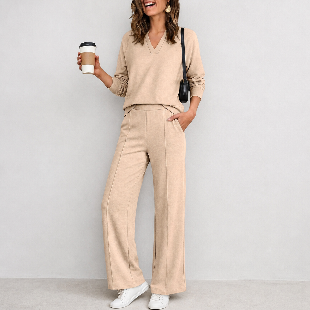 V-Neck Knit Top And Wide-Leg Pants Set