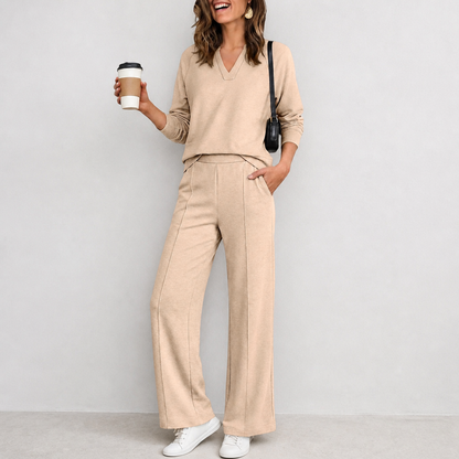 V-Neck Knit Top And Wide-Leg Pants Set