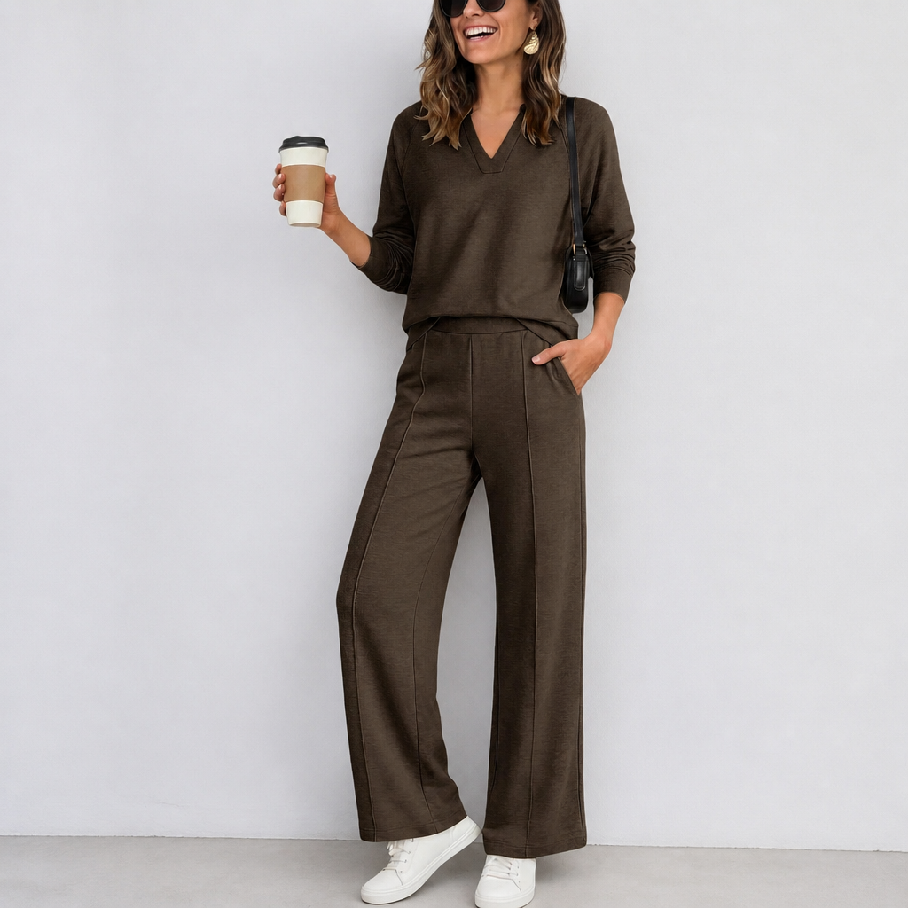 V-Neck Knit Top And Wide-Leg Pants Set